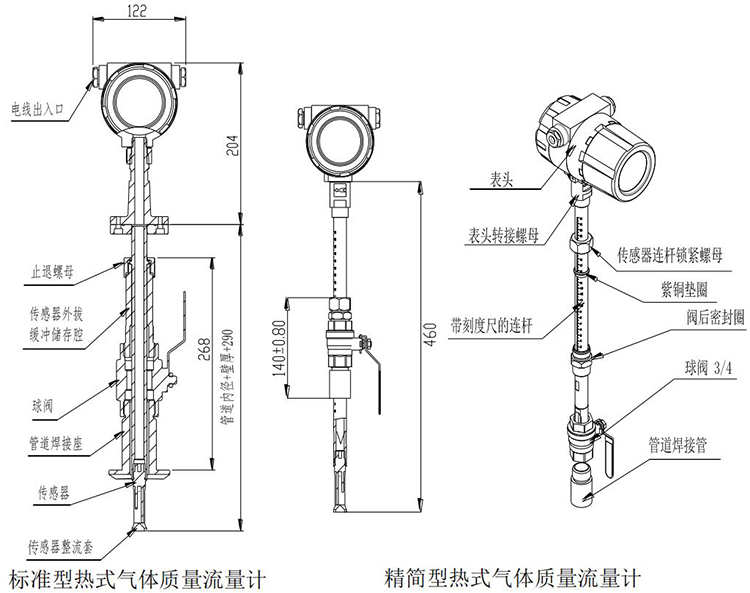 分體式熱式氣體質(zhì)量流量計(jì)插入式結(jié)構(gòu)尺寸圖